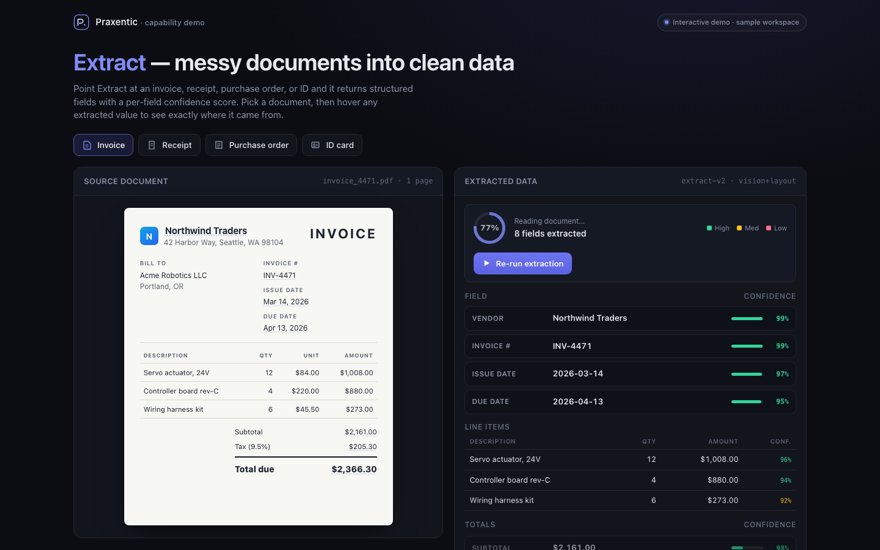 Document data-extraction tool pulling structured fields out of an invoice into a table.