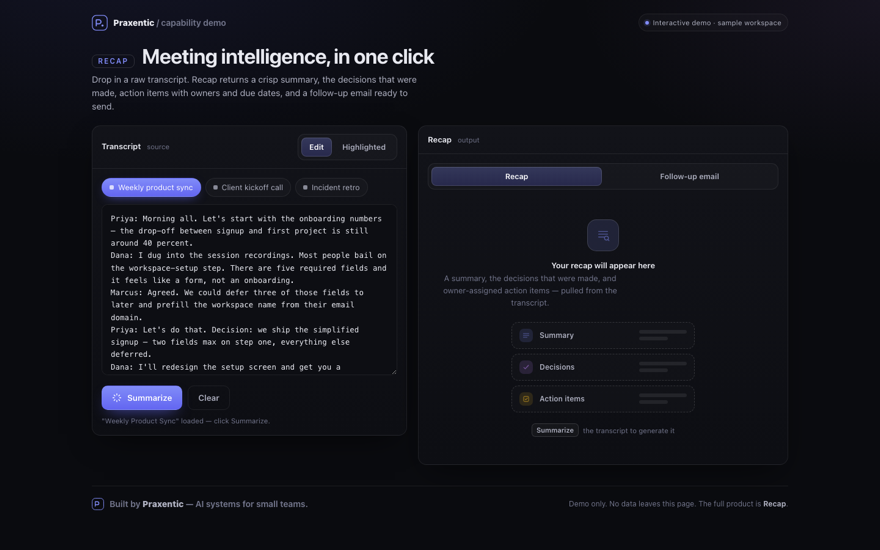 Meeting-notes tool summarising a transcript into decisions and assigned action items.