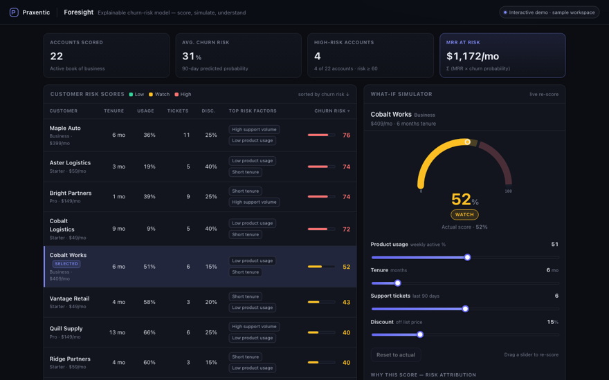 Screenshot of the Foresight churn-risk prediction model