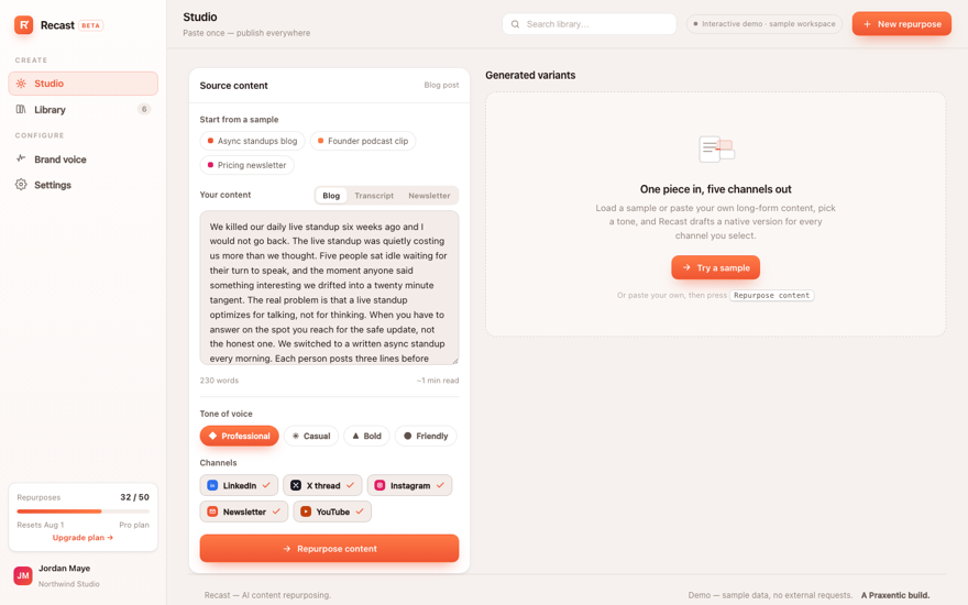 Recast content-repurposing studio turning one long-form post into multiple social formats.