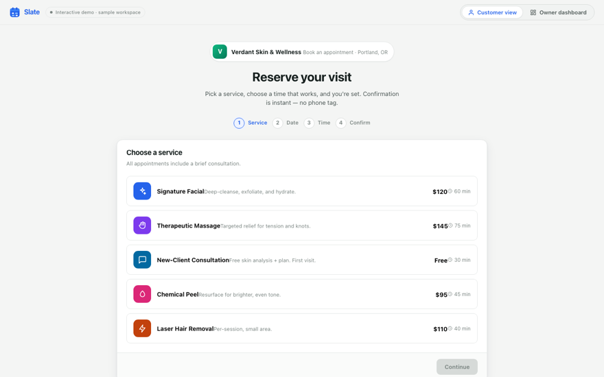 Slate self-serve booking product showing an availability calendar and appointment picker.