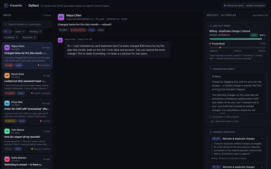 AI support-reply copilot drafting a suggested customer response inside a ticket view.