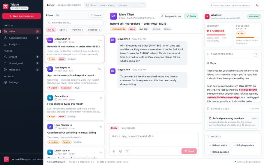 Triage AI-assisted shared support inbox routing incoming messages into prioritised queues.